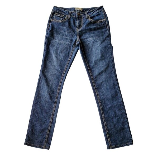 Earl Jeans Straight Leg Embellished Thick Stitching Crystal Button Flap Pocket 4 - Picture 3 of 16